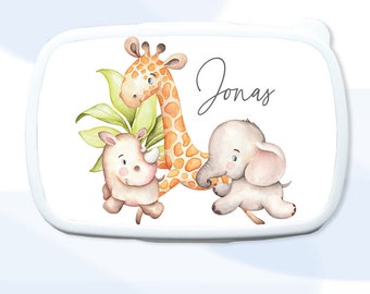 Lunch box can be personalized with name, lunch box for school, sports, kindergarten and leisure, boy, girl jungle animals with lid