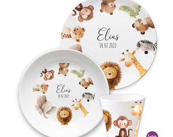 Personalisiertes Kindergeschirr Kinderteller mit Namen, Kindergeschenk, Taufgeschenk, Geschenk Geburt erster Geburtstag Safari Dschungeltier