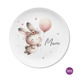 Personalisiertes Kindergeschirr Kinderteller mit Namen, Hase Luftballon, Kinderteller, Kindergeschenk, Junge, Mädchen, erster Geburtstag