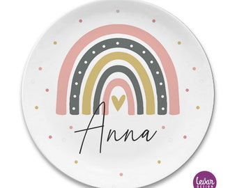 Kinderteller, Kindergeschirr BPA frei Melamin, Teller mit Namen personalisierbar, Regenbogen, Taufgeschenk, Geschenk Geburt, Taufe, Paten