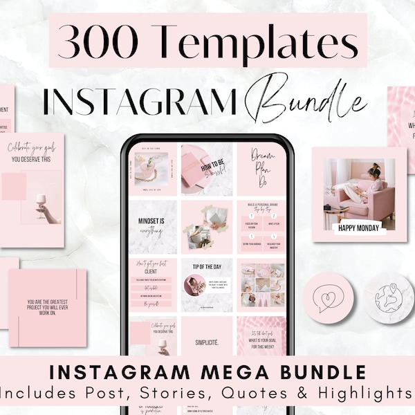 300 Pink Marble Canva Instagram Templates - Rose Blush -  Social Media Template - Blogger - Coach - Business - Affirmations - Influencer-
