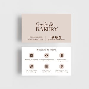 Macarons zorgkaartsjabloon, bewerkbare bakkerij zakelijke verpakkingsinserts, Macaron zorginstructies zorggids, Canva digitale download