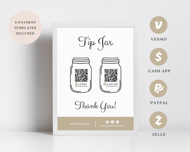 Printable Virtual Tip Jar Payment Sign QR Code Sign Template Etsy