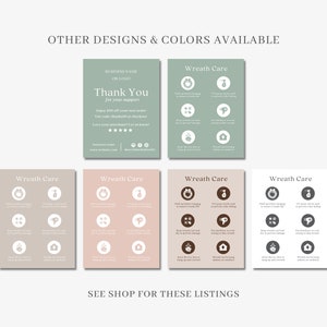May include: A collection of cards with wreath care instructions and a thank you card. The cards feature icons and text in various colors, including green, pink, and beige. The text on the thank you card reads "Thank You for your support".