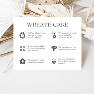 May include: A white card with the text "WREATH CARE" and instructions for wreath maintenance. The card includes icons and text detailing how to care for a wreath, such as fluffing foliage, using UV spray, and storing the wreath.