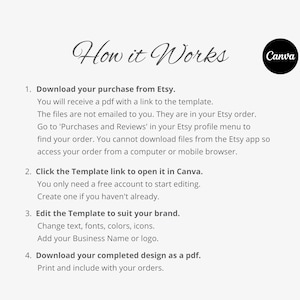 May include: A white graphic with the text "How it Works" in elegant script. Instructions detail downloading from Etsy, opening in Canva, editing the template, and downloading the design as a PDF. A black circle with the Canva logo is in the upper right corner.