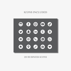 May include: A collection of 20 white business icons on a dark gray background. The icons include social media logos like Instagram, Facebook, Pinterest, and Twitter, along with email, location, and other business-related symbols. Text at the top reads "ICONS INCLUDED" and at the bottom "20 BUSINESS ICONS."