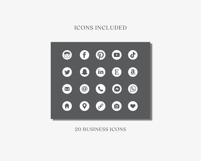 May include: A collection of 20 white business icons on a dark gray background. The icons include social media logos like Instagram, Facebook, Pinterest, and Twitter, along with email, location, and other business-related symbols. Text at the top reads "ICONS INCLUDED" and at the bottom "20 BUSINESS ICONS."