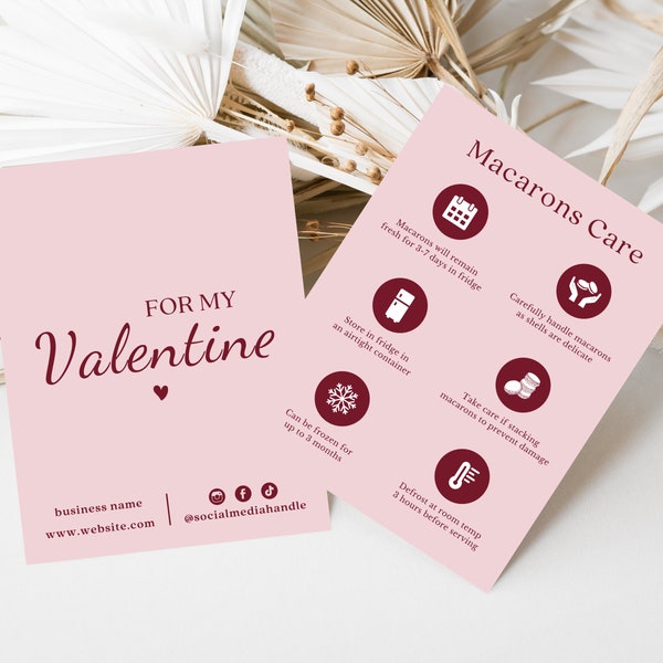 Valentines Day Macarons Care Card Template, Editable Bakery Business Packaging Inserts, Macaron Care Instructions, Canva Digital Download