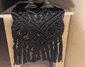 Black Macrame Table Runner: Handmade Boho Gothic Altar Cloth