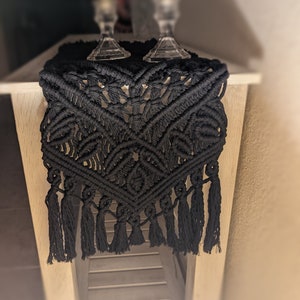Black Table Runner | Best Seller | Custom Length 3 Ft 4 Ft 5 Ft 6 Ft 7 Ft 8 Ft Handmade Macrame Altar Console Cloth | Boho Vintage Gothic