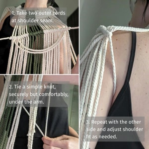 May include: A step-by-step guide on how to tie a simple knot using two cords to create a macrame shoulder strap. The image shows the cords being tied under the arm, with instructions to repeat on the other side.