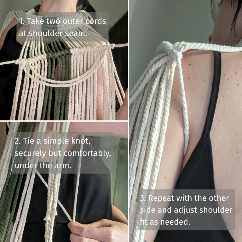 May include: A step-by-step guide on how to tie a simple knot using two cords to create a macrame shoulder strap. The image shows the cords being tied under the arm, with instructions to repeat on the other side.
