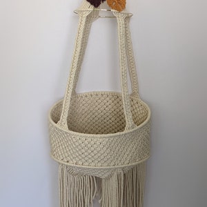 May include: A macrame plant hanger with a cream-colored woven basket and long fringe. The hanger has a gold metal ring at the top and is decorated with two small feathers, one burgundy and one mustard yellow.