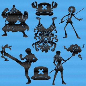 May include: Black silhouette illustrations of characters from the One Piece anime series. The image features various characters in dynamic poses, including a figure with a sword, a character with a cloud, and others in action poses. The background is a light blue color.