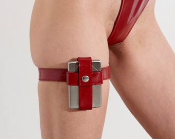 Handmade Leather thigh cuffs/Leg harness (with metal cigarette box, vegan leather, one size, unisex, 2 colors) / Harness Belt, rave clothing