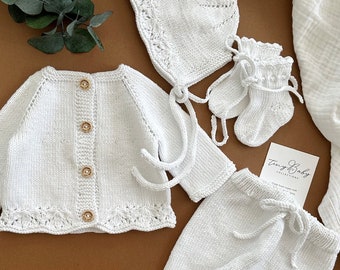 Hand Knitted Organic Cotton Newborn Outfit | Baby Coming Home Set