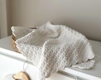 Handmade Crochet Baby Blanket: Heirloom White Cotton Baby Blanket, Baby Shower Gift