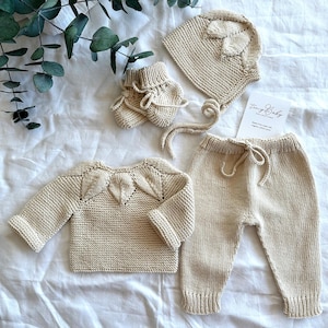 Ensemble pour nouveau-né en tricot de coton bio : ensemble 4 pièces pour le retour à la maison pour bébé