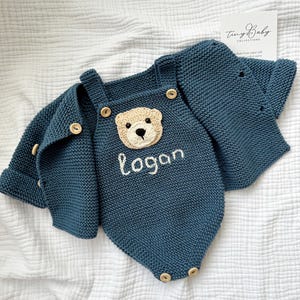 Teddy Bear Romper Sets, Personalized Baby Name Sweater ,Knitted Baby Outfit , Coming Home Outfit, Knit Baby Outfit,Personalized Baby Outfit