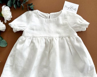 Vestido de lino blanco para niña: atuendo para recién nacida, vestido de bautizo