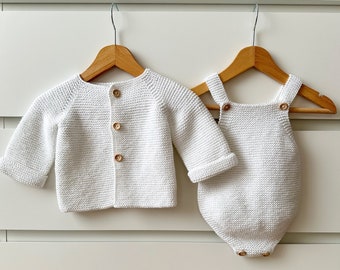 Hand Knit Organic Cotton Newborn Baby Outfit: Cardigan & Romper Set