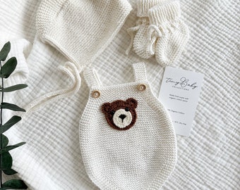 Teddy Bear Knitted Romper Set, Newborn Baby Coming Home Outfit,Organic Baby Clothes, Teddy Bear Knit Newborn Outfit