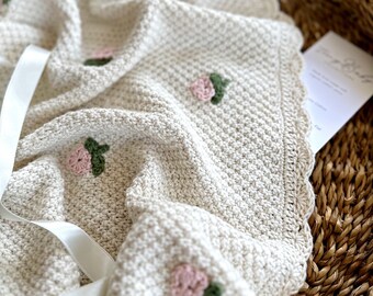 Knit Baby Blanket, Embroidery Gift for Baby Shower, Flower Patterned Baby Blanket, Christening Blanket, New Baby Gift, Baby Shower Gift