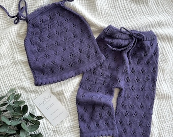 Knit Baby Girl Outfit, Purple Baby Girl Knitwear, Baby Girl Clothes , Knit Baby Girl Top and Pants, 2 Piece Baby Girl Outfit