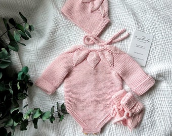 Knitted Baby Girl Romper Set, Knit Baby Clothes, Newborn Baby Coming Home Outfit, Organic Cotton Baby Clothes