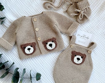 Teddy Bear Knit Baby Outfit, Knit Newborn Outfit, Newborn Baby Coming Home Outfit, Knit Newborn Outfit, Organic Baby Clothes