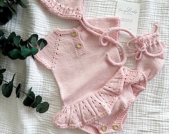 Strick Baby Strampler, gestrickte Baby Body, Baby Mädchen rosa Outfit, Bio-Baumwolle Baby Kleidung, Baby Mädchen Strampler