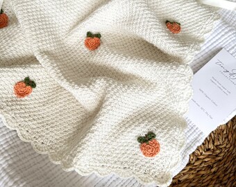 Knit Baby Blanket, Embroidery Gift for Baby Shower, Little Peach Patterned Baby Blanket, New Baby Gift, Baby Shower Gift