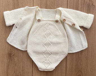 Hand Knit Organic Cotton Baby Romper Cardigan Set: Heirloom Layette