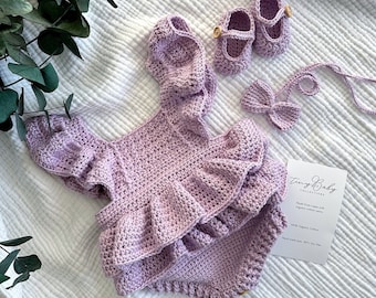 Baby Girl Romper, Newborn Photography Prop, Baby Girl Crochet Dress, Crochet Baby Girl Shoes, Newborn Girl Outfit, Baby Girl Clothes
