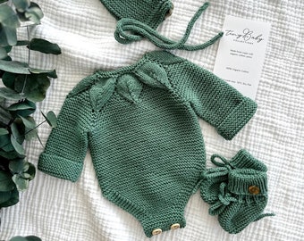 Newborn Knit Outfit, Knit Baby Romper & Bonnet and Booties , Knit Baby Clothes, Newborn Baby Coming Home Outfit, Organic Cotton Baby Clothes