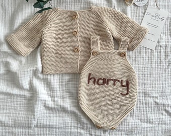 Knitted Baby Outfit, Name Sweater Baby, Newborn Baby Coming Home Outfit, Hand Embroidered Knit Baby Sweater, Knitted Baby Clothes