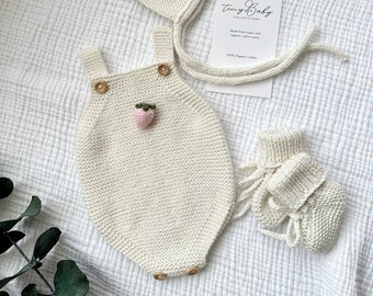 Strawberry Baby Romper, Knit Baby Romper & Bonnet and Booties, Newborn Baby Coming Home Outfit, Organic Cotton Baby Clothes