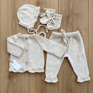 Hand Knit Organic Cotton Newborn Outfit: Baby Girl Coming Home Set