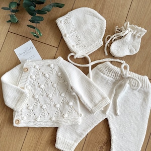 Newborn Knit Outfit, Newborn Coming Home Outfit, Organic Cotton Baby Clothes, White Knit Baby Outfit, Baby Hospital Outfit