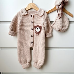 Knitted Baby Clothes, Newborn Outfit, Baby Coming Home Outfit, Teddy Bear Romper Set, Knit Baby Clothes