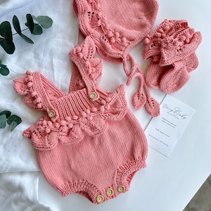Hand Knit Organic Cotton Baby Romper, Bonnet & Booties Set