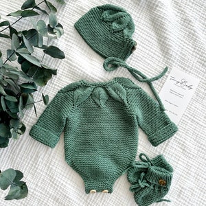 Hand Knit Organic Cotton Baby Romper Set: Bonnet & Booties