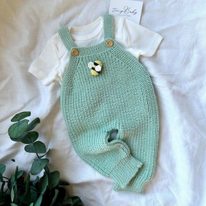 Cuddle and Kind Honey Bear Matching Outfit, Ribbed Overalls with Crochet Bee Detail, Knit Newborn Baby Outfit, Knit Baby Honey Bee Jumpsuit image 1