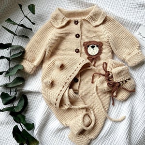 Teddy Bear Rompers Set, Knitted Newborn Outfit, Coming Home Baby Clothes, Newborn Baby Outfit, Knitted Baby Clothes, Baby Shower Gift