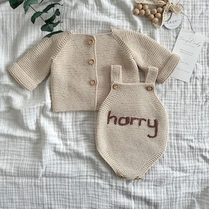 Personalized Knit Baby Sweater & Romper Set: Hand Embroidered Organic Cotton