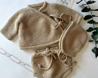 Coming Home-outfit pasgeboren, neutrale handgebreide babyset, beige gebreide babyoutfit, ziekenhuisoutfit, babyshowercadeau, outfit foto pasgeborene
