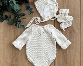 Newborn Baby Knit Outfit, Baby Coming Home Outfit,  Knitted Baby Girl Clothes, 3 Pieces Baby Outfit, Organic Cotton Baby Clothes