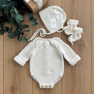 Newborn Baby Knit Outfit, Baby Coming Home Outfit,  Knitted Baby Girl Clothes, 3 Pieces Baby Outfit, Organic Cotton Baby Clothes