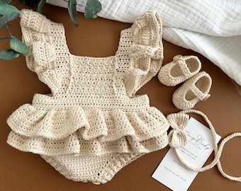 Baby Girl Ruffle Romper, Newborn Photography Prop, Baby Girl Crochet Dress, Crochet Baby Girl Shoes,  Infant Girl Outfit, Baby Girl Clothes